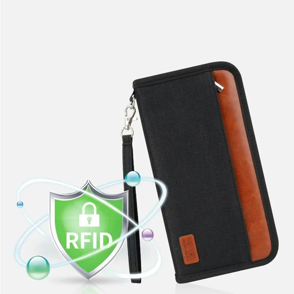 Travel Passport RFID Wallet Documents Organizer Zipper Case With Wristlet Strap