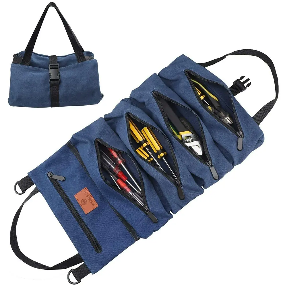 Tool Roll Organizer Wrench Roll Up Bag with 5 Zipper Pockets Canvas Tool Roll