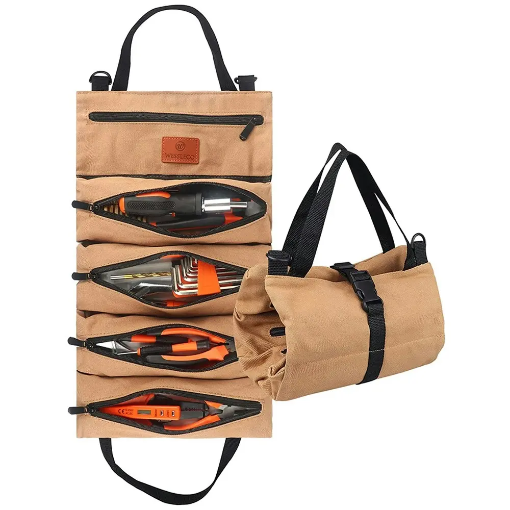 Tool Roll Organizer Wrench Roll Up Bag with 5 Zipper Pockets Canvas Tool Roll