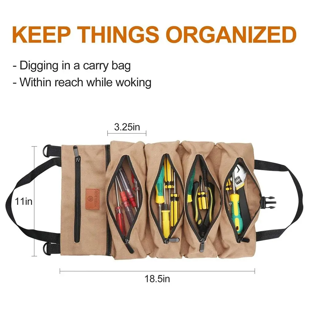 Tool Roll Organizer Wrench Roll Up Bag with 5 Zipper Pockets Canvas Tool Roll