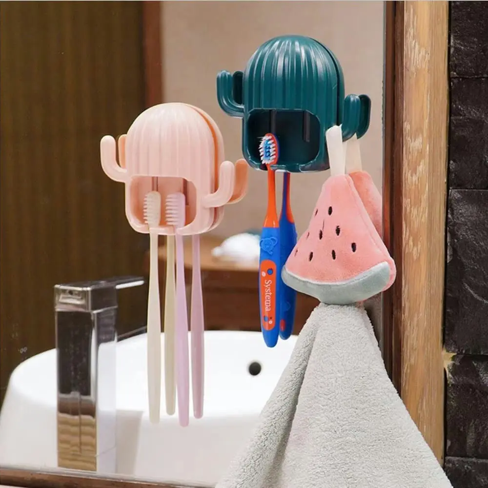 4 Pcs Kids Toothbrush Holder Wall Mounted Cactus Toothbrush Stand With Hook