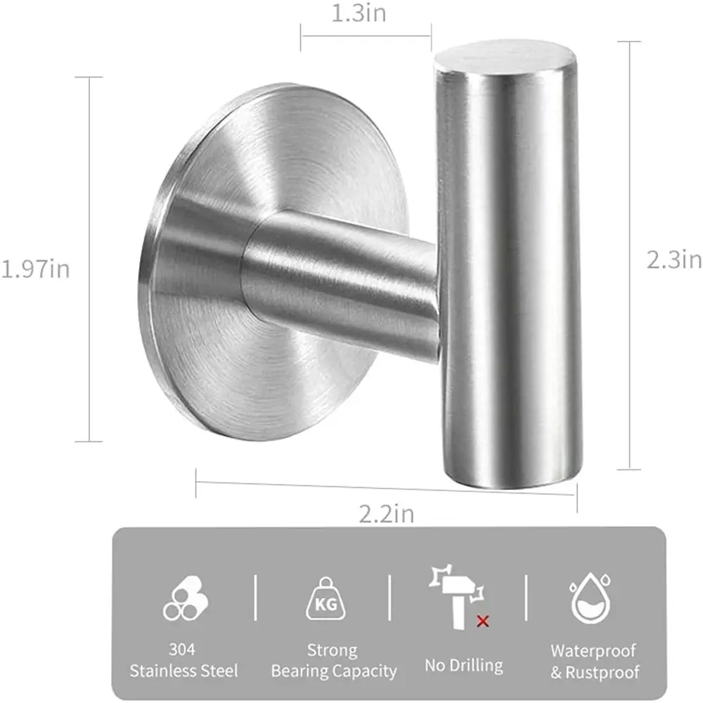 2 Pack Self Adhesive Towel Coat Hook Stainless Steel Waterproof Clothes Holder