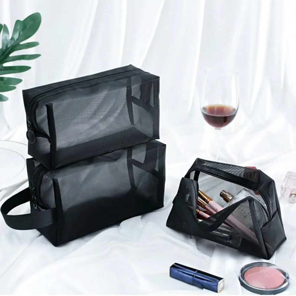 3 piece black mesh storage bag outdoor travel toiletry bag