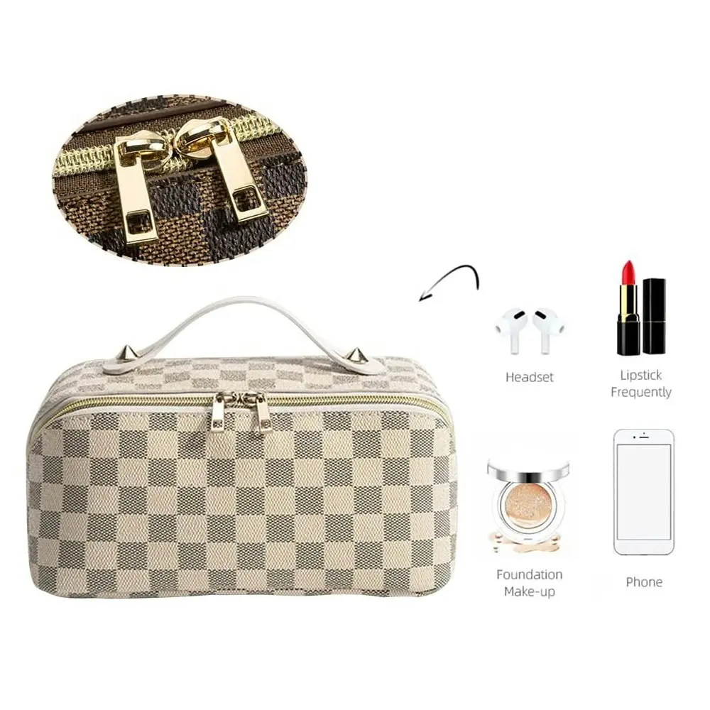 Travel Cosmetic Bag Plaid Checkered Makeup Bag Portable Waterproof Skincare Bag