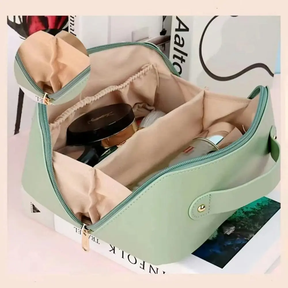 Large Capacity Travel Cosmetic Bag Leather Portable Waterproof Makeup Bag