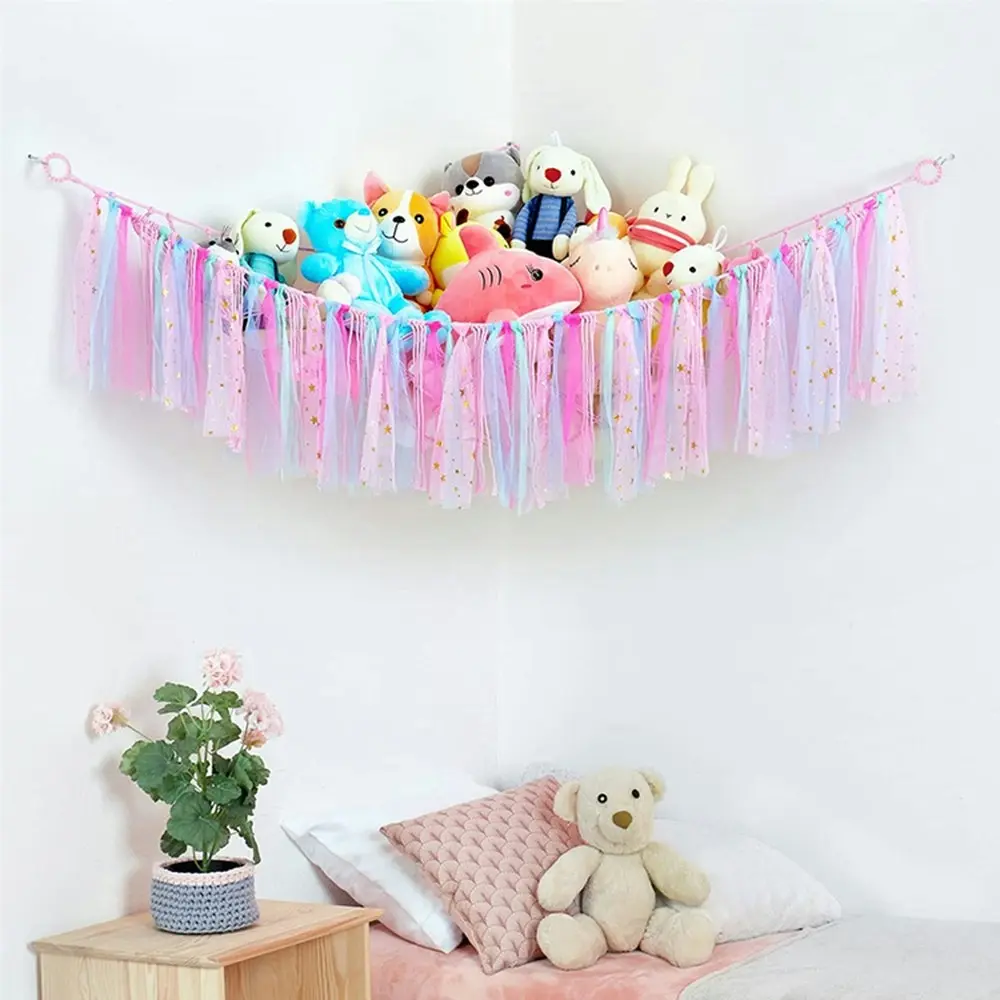 Ribbon Stuffed Animal Hammock Wall Corner Hanging Storage Organizer Net Hammock