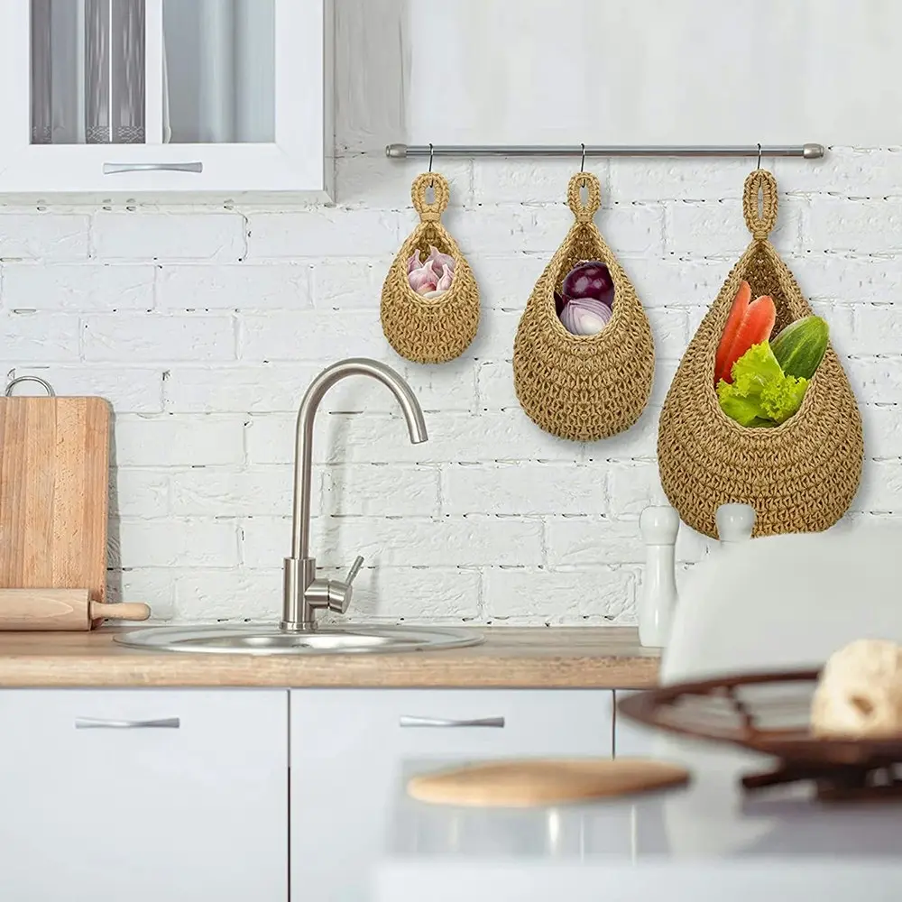 3 Pack Jute Wall Hanging Vegetable Fruit Baskets for Kitchen