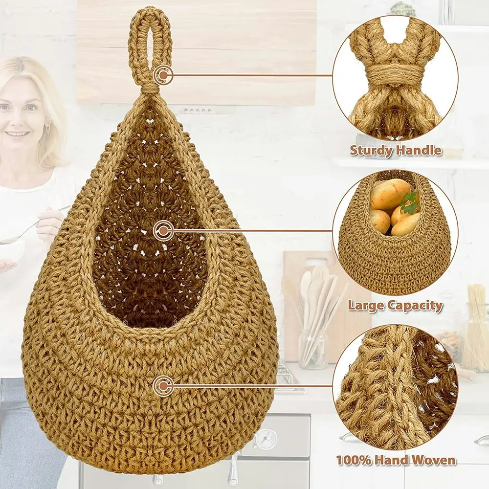 3 Pack Jute Wall Hanging Vegetable Fruit Baskets for Kitchen