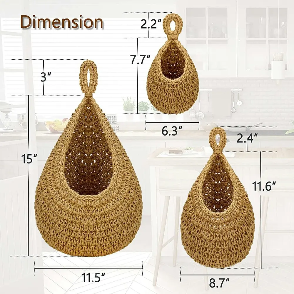 3 Pack Jute Wall Hanging Vegetable Fruit Baskets for Kitchen