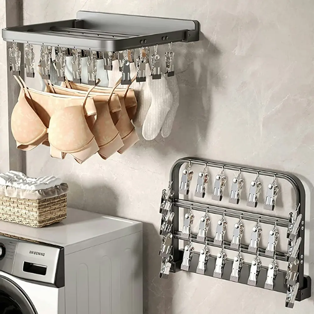 Folding Cloth Hanger Laundry Underwear Sock Clip Wall Mounted Cloth Drying Rack