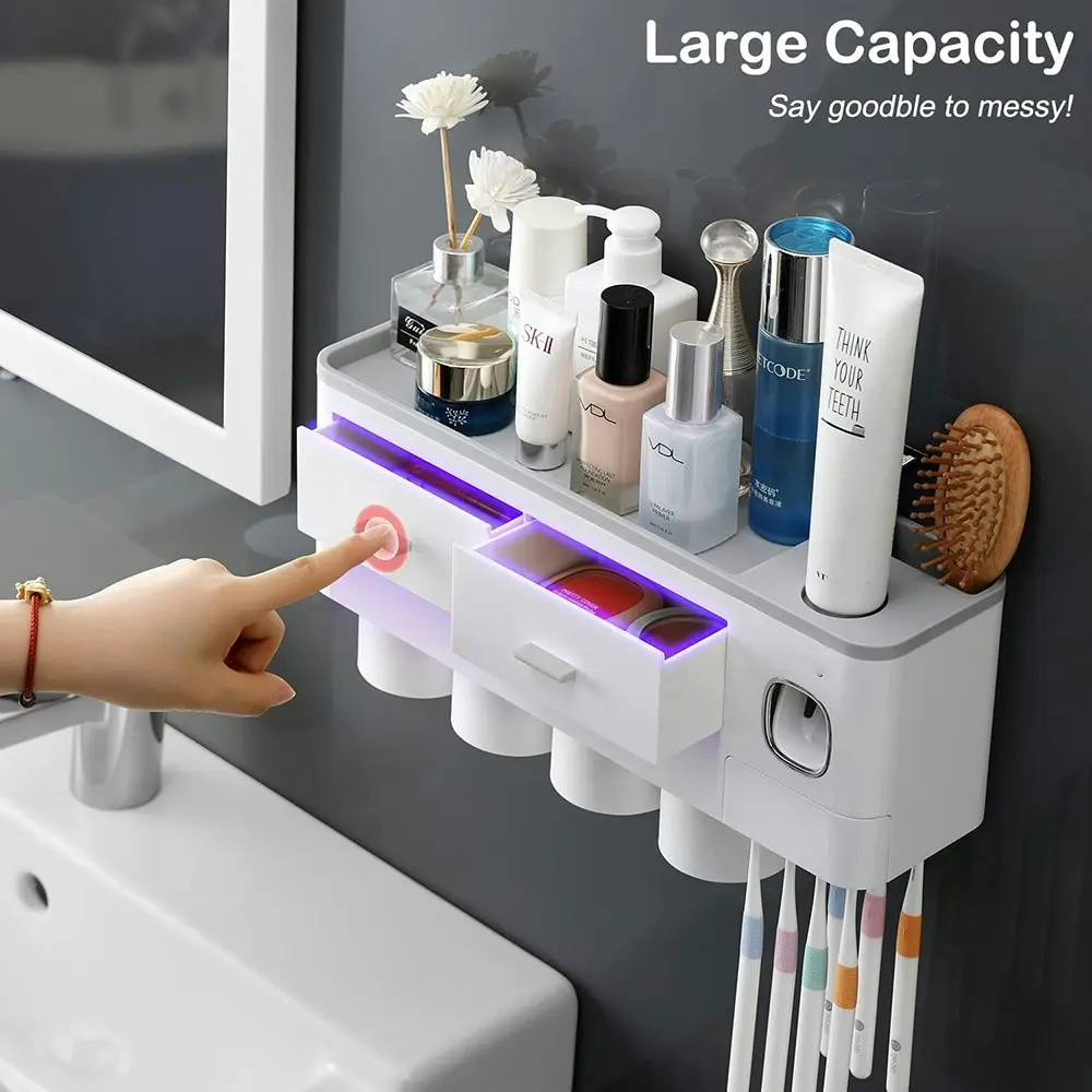 Wall Mounted Toothbrush Holder Automatic Toothpaste Dispenser with 4 Cups