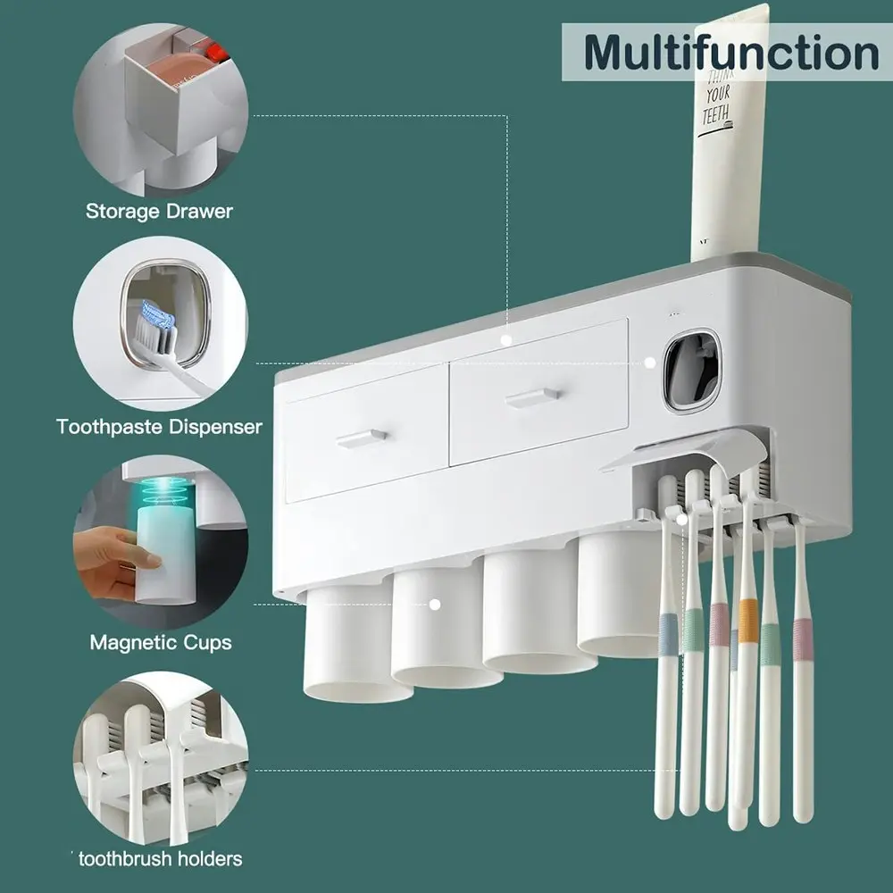 Wall Mounted Toothbrush Holder Automatic Toothpaste Dispenser with 4 Cups