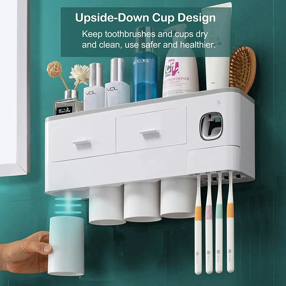 Wall Mounted Toothbrush Holder Automatic Toothpaste Dispenser with 4 Cups