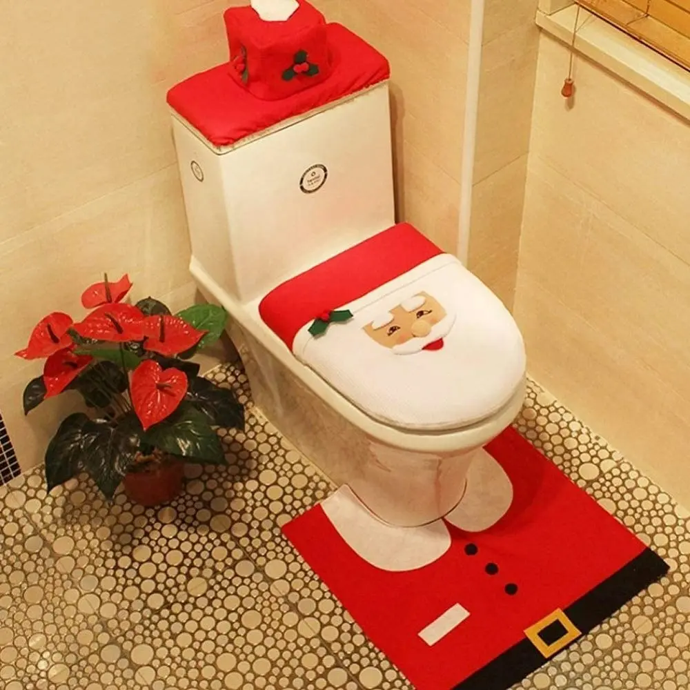 3pcs Cute Christmas Toilet Seat Cover Santa Claus Bathroom Mat Xmas Supplies