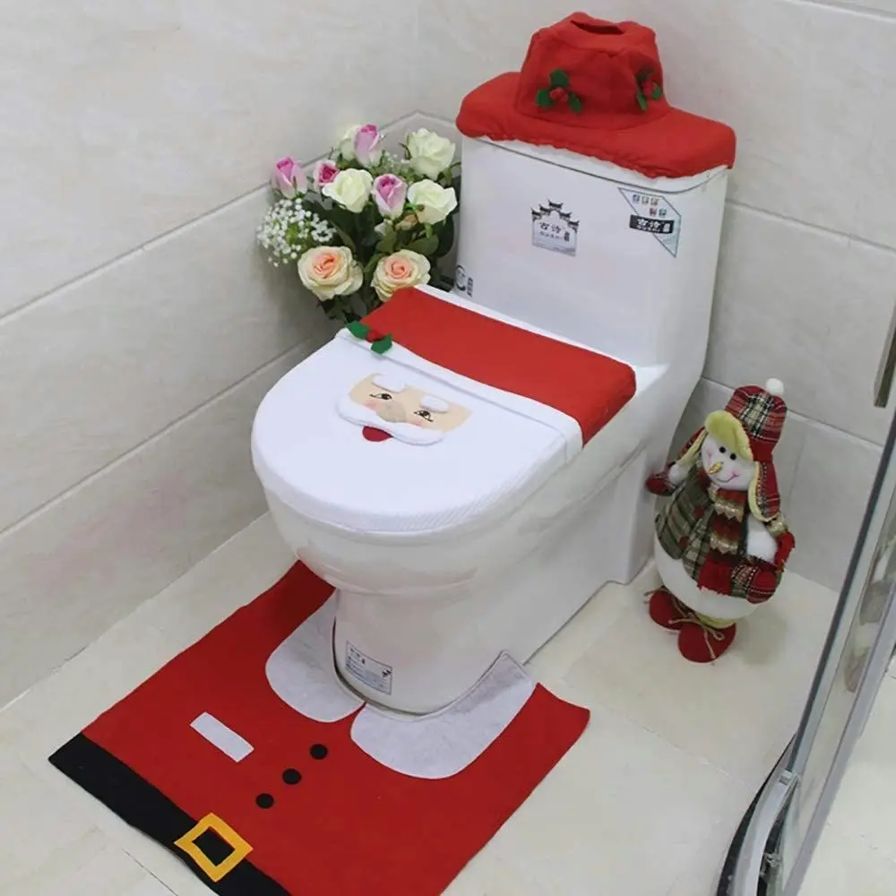 3pcs Cute Christmas Toilet Seat Cover Santa Claus Bathroom Mat Xmas Supplies