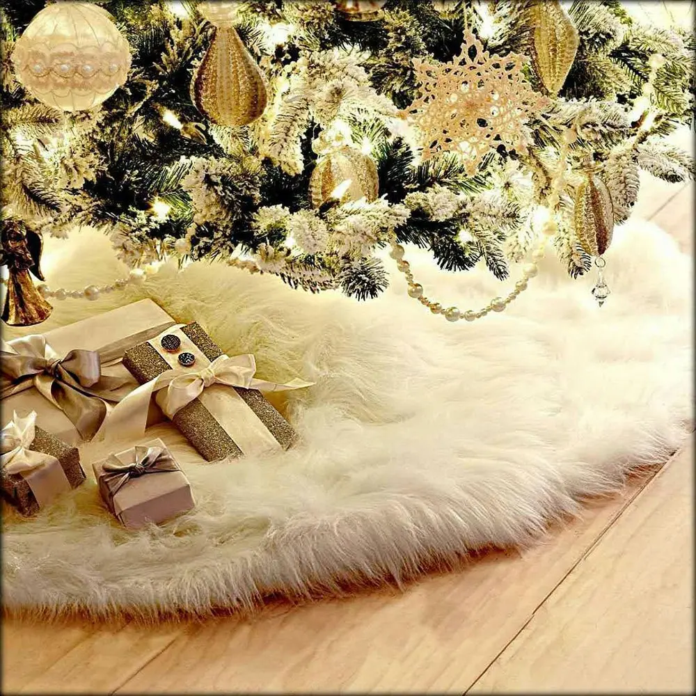 Christmas Tree Skirt Snowy White Plush Velvet Holiday Party Decoration