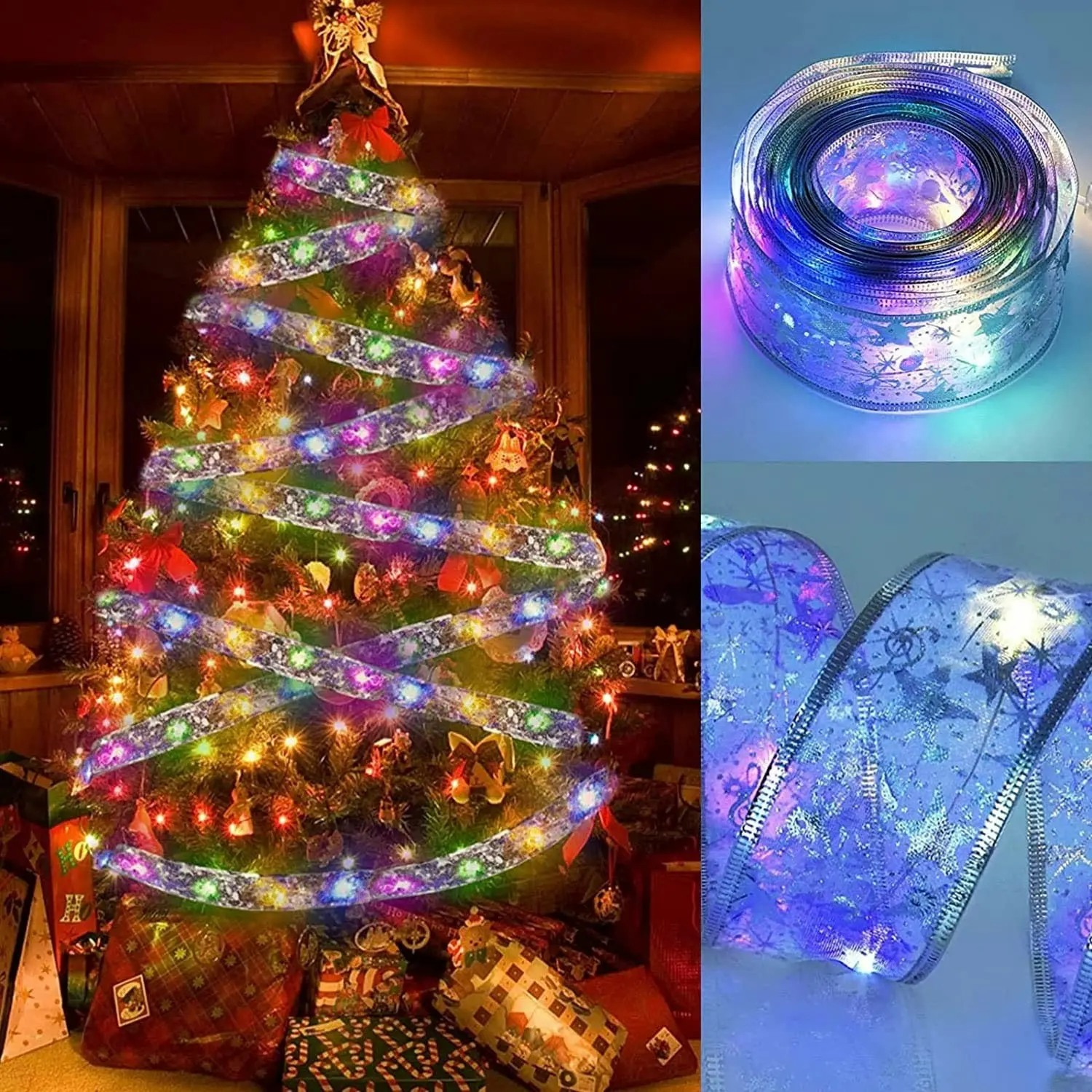 5M Christmas Decoration LED Ribbon Lights DIY Lace Bows String Lights Xms tree Decor