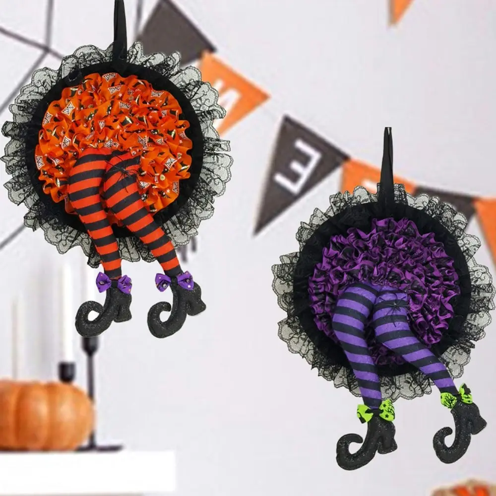 2Pcs Halloween Witch Wreath Witch Legs Garland with Lace Door Hanging Sign