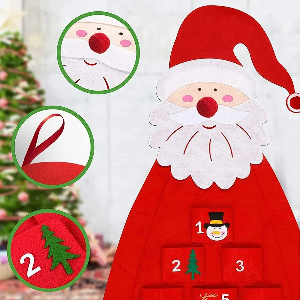 Wall Hanging Felt Santa Christmas Countdown Calendar With 24 Days Pockets