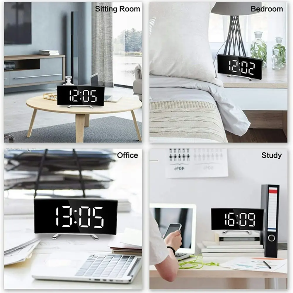 Digital Alarm Clock Curved Dimmable Led Electronic Desktop Clock