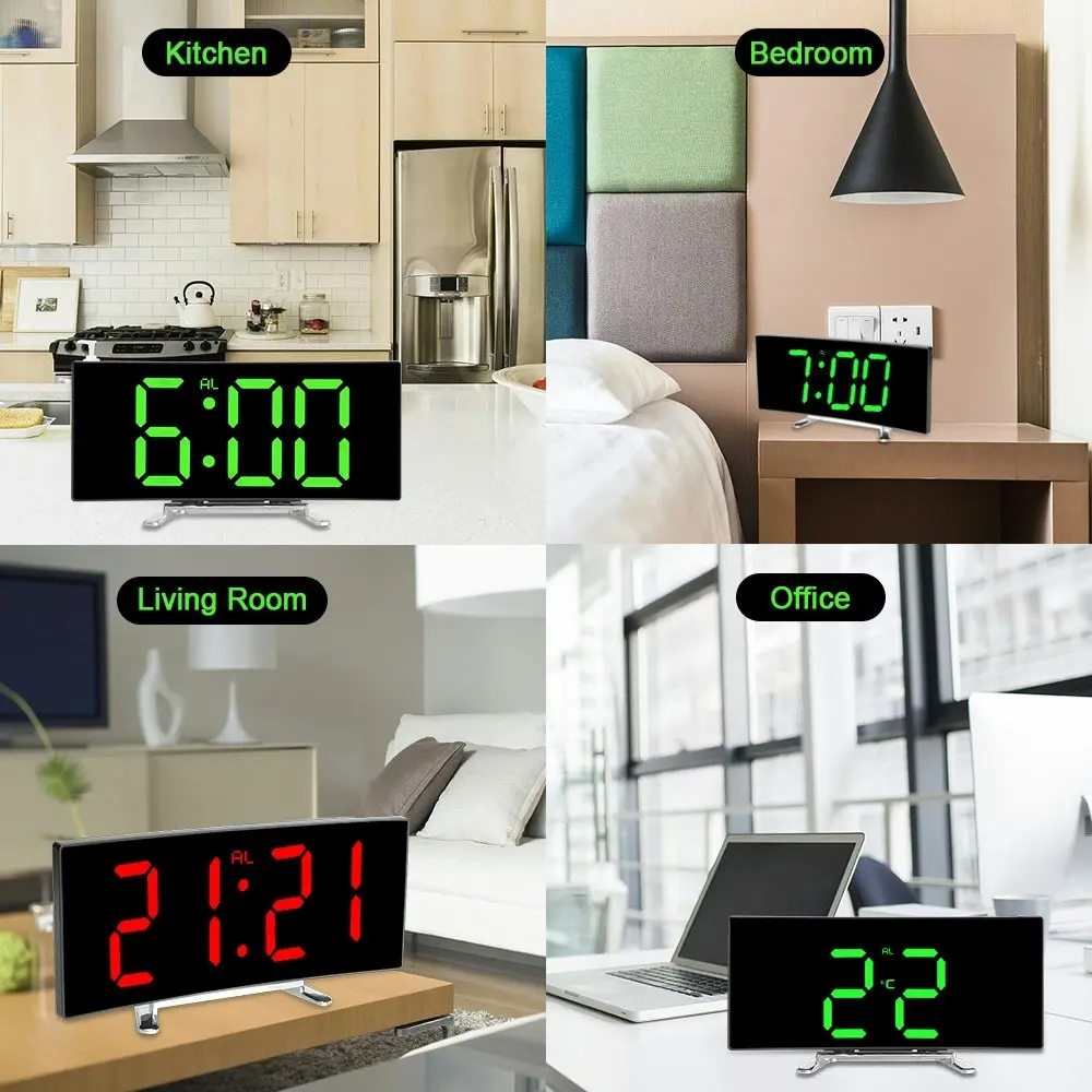 Digital Alarm Clock Curved Dimmable Led Electronic Desktop Clock