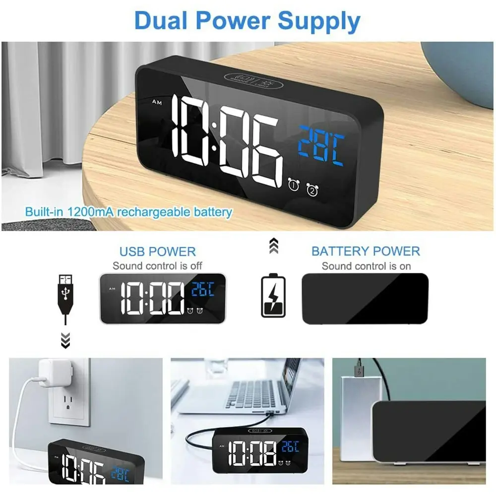 LED music Digital Clock Alarms Voice Control Snooze Temperature Display