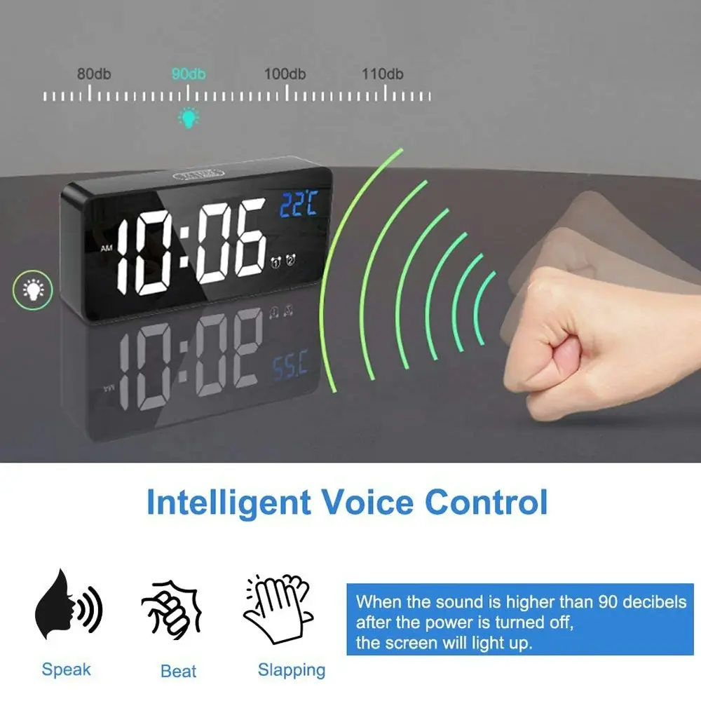 LED music Digital Clock Alarms Voice Control Snooze Temperature Display