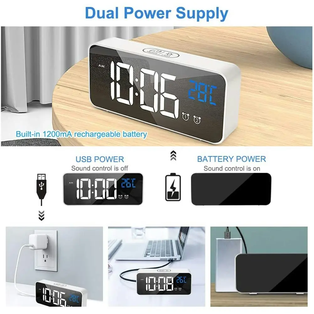 LED music Digital Clock Alarms Voice Control Snooze Temperature Display