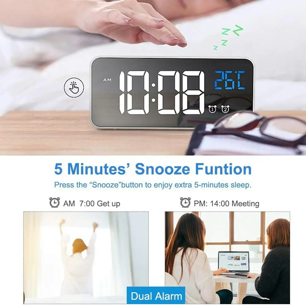 LED music Digital Clock Alarms Voice Control Snooze Temperature Display