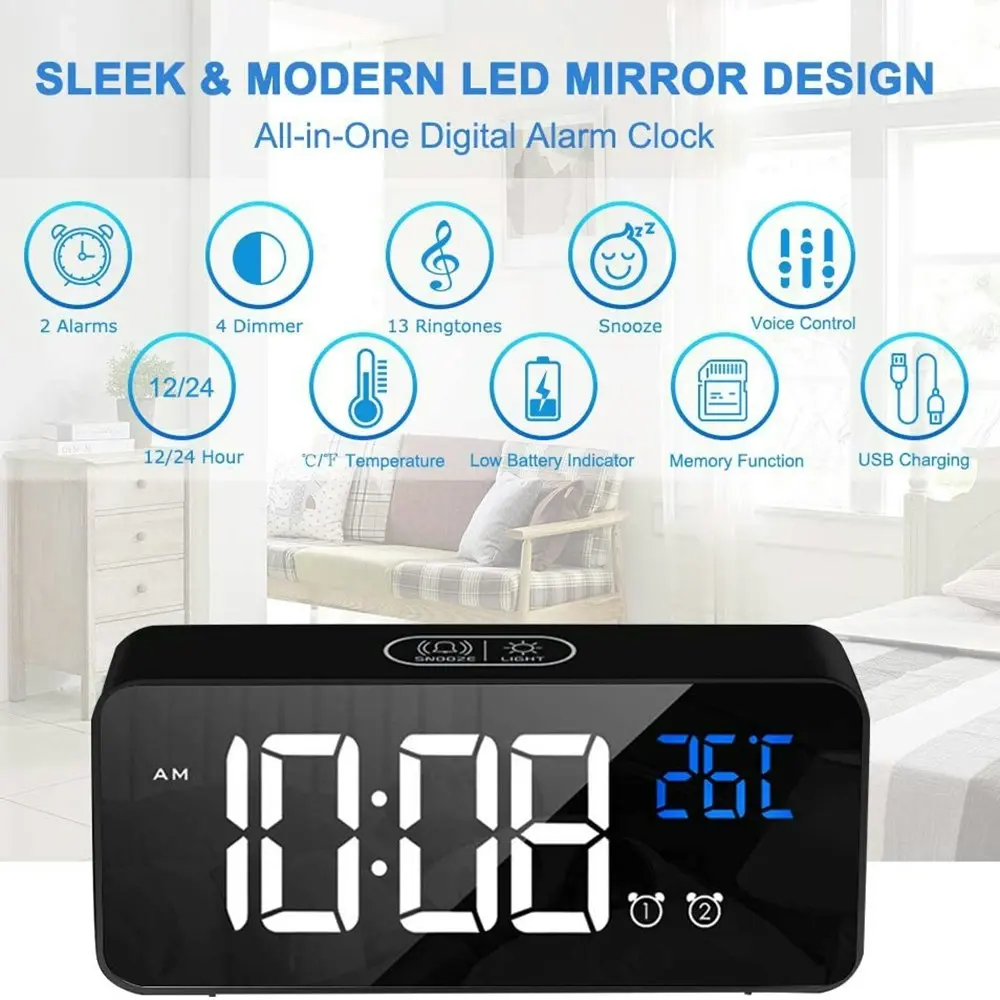 LED music Digital Clock Alarms Voice Control Snooze Temperature Display