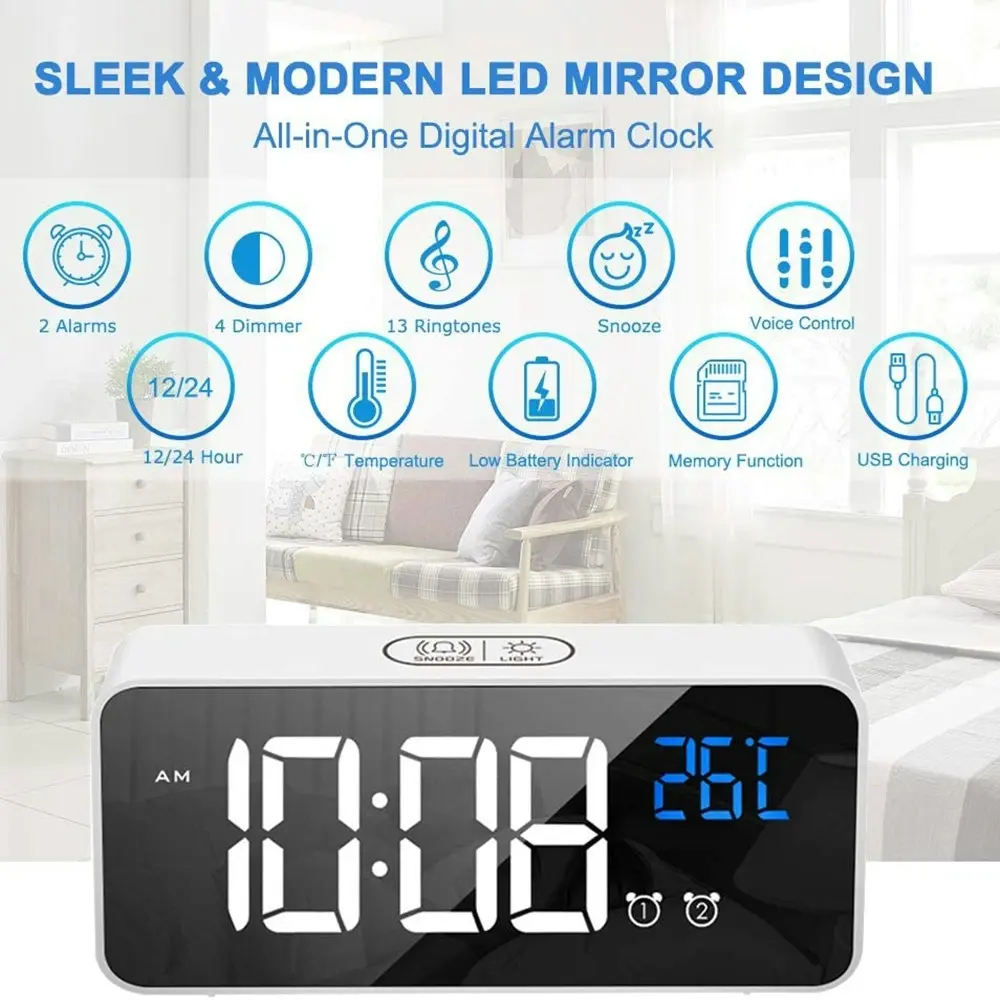 LED music Digital Clock Alarms Voice Control Snooze Temperature Display