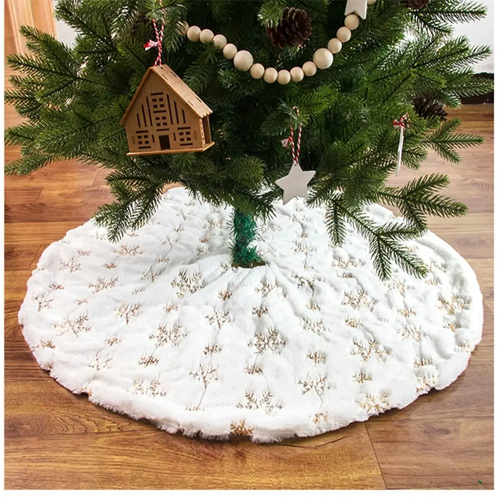 Short Plush Christmas Tree Skirt  Decoration with Sequin Snowflake Embroidery