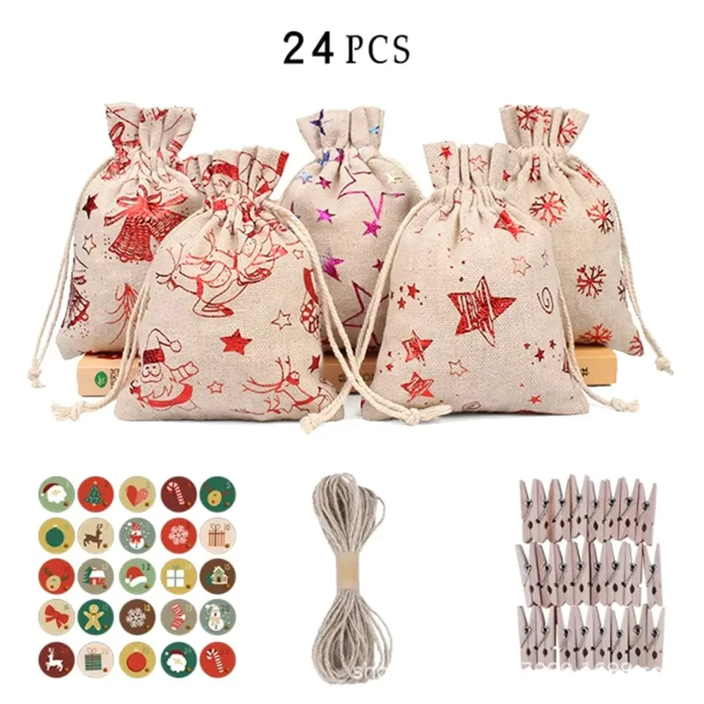 24 Pcs Christmas Gift Bags Metallic Painting with Drawstring Gift Pouches