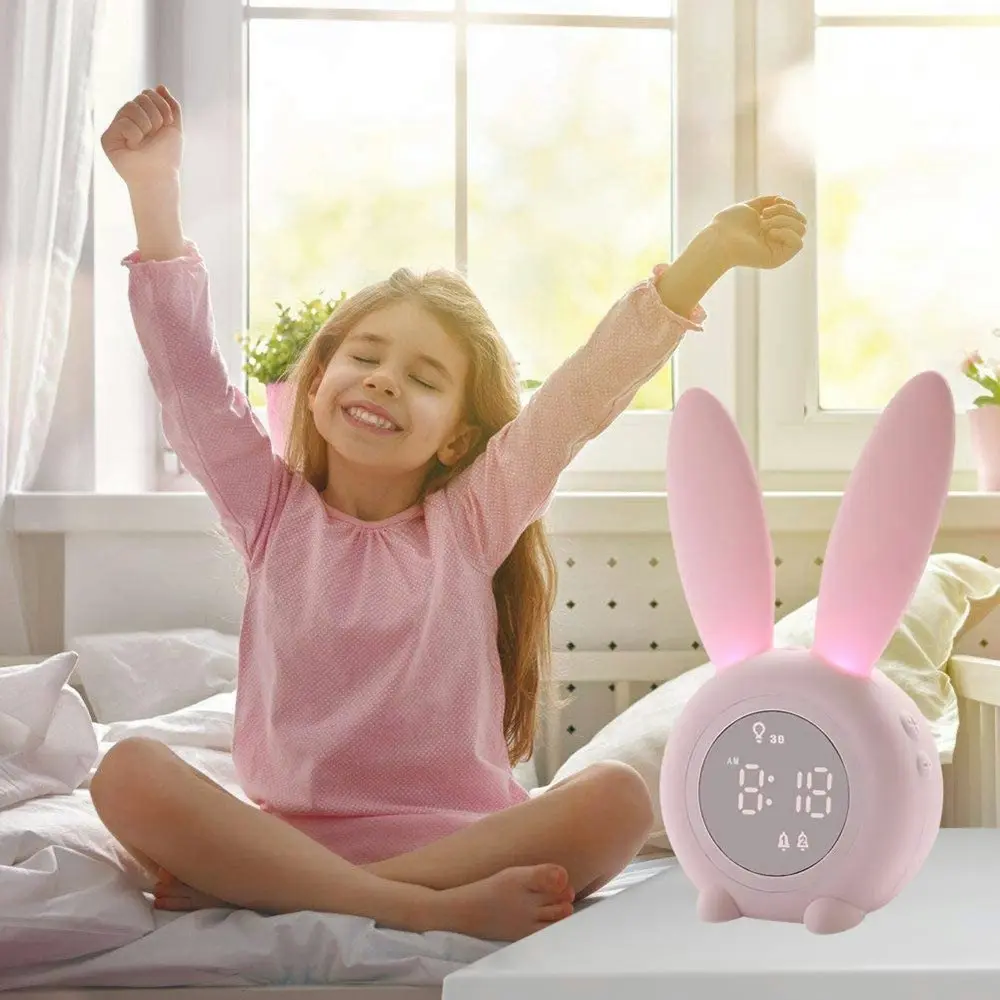 LED Digital Intelligent Alarm Clocks Cute Rabbit Kid Sleep Night Light