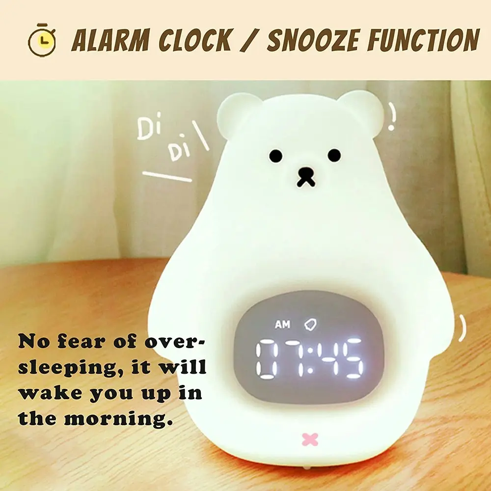 Bear Night Light Alarm Clock Silicone Portable Nursery Light USB Nightlight