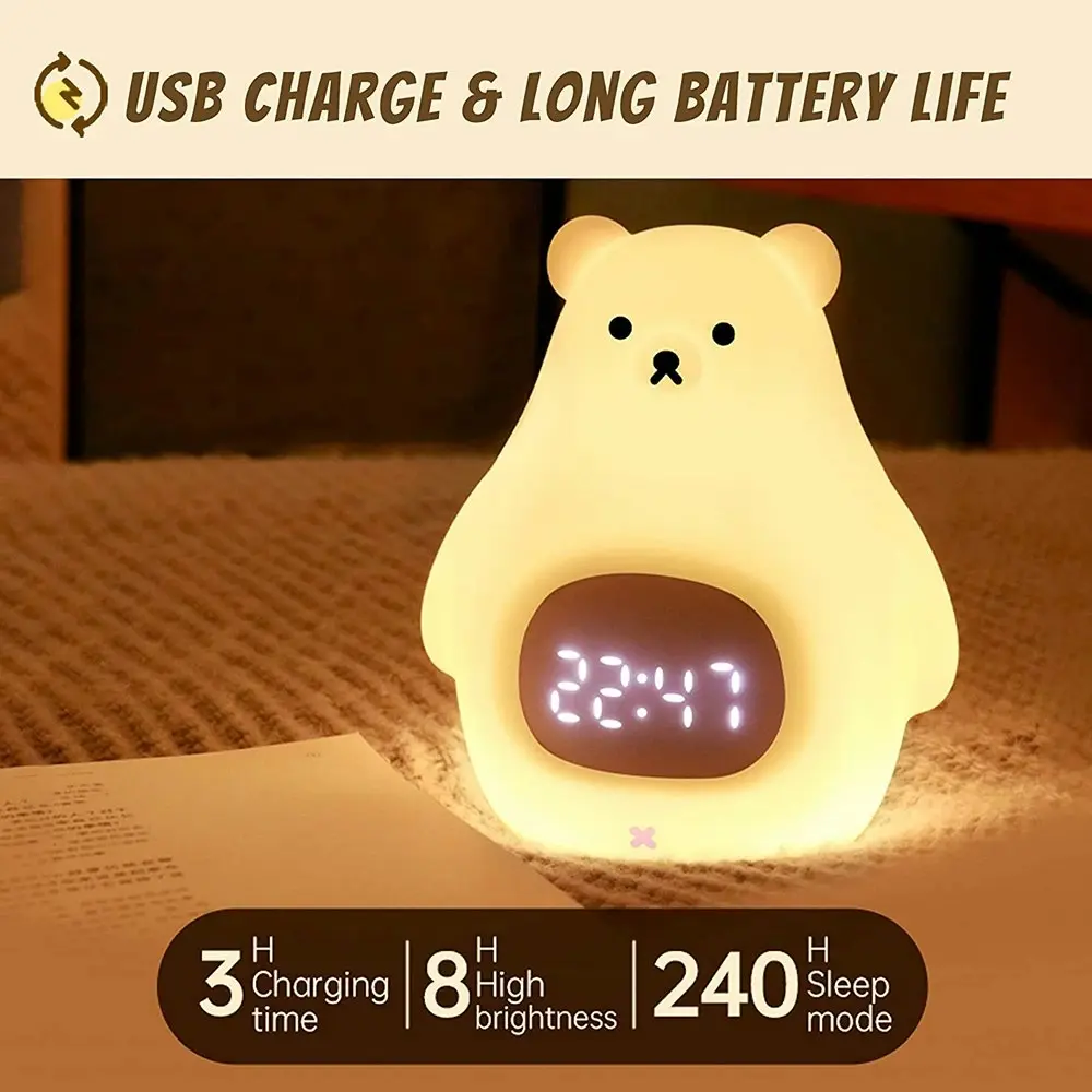 Bear Night Light Alarm Clock Silicone Portable Nursery Light USB Nightlight