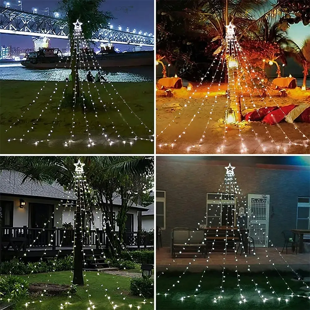 Solar LED Star Waterfall Lights Christmas Tree Decor String Lights