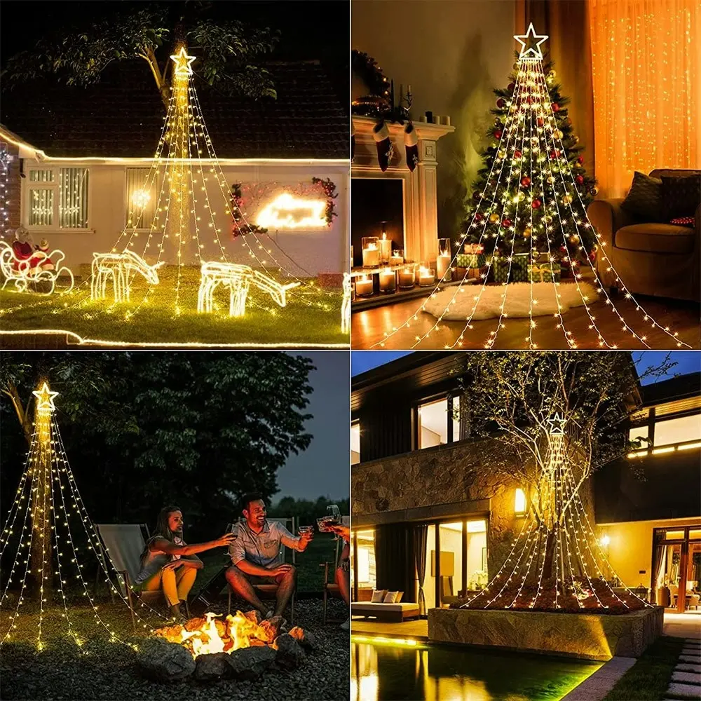 Solar LED Star Waterfall Lights Christmas Tree Decor String Lights