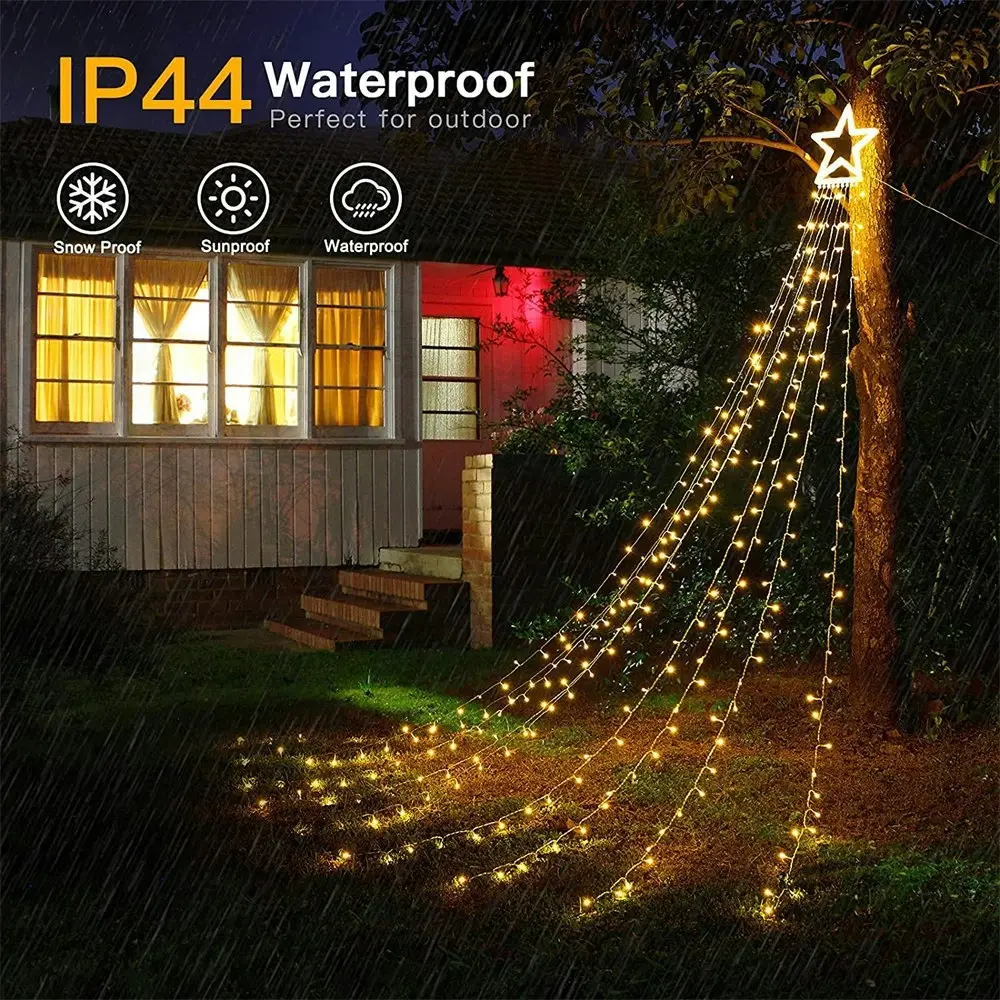 Solar LED Star Waterfall Lights Christmas Tree Decor String Lights