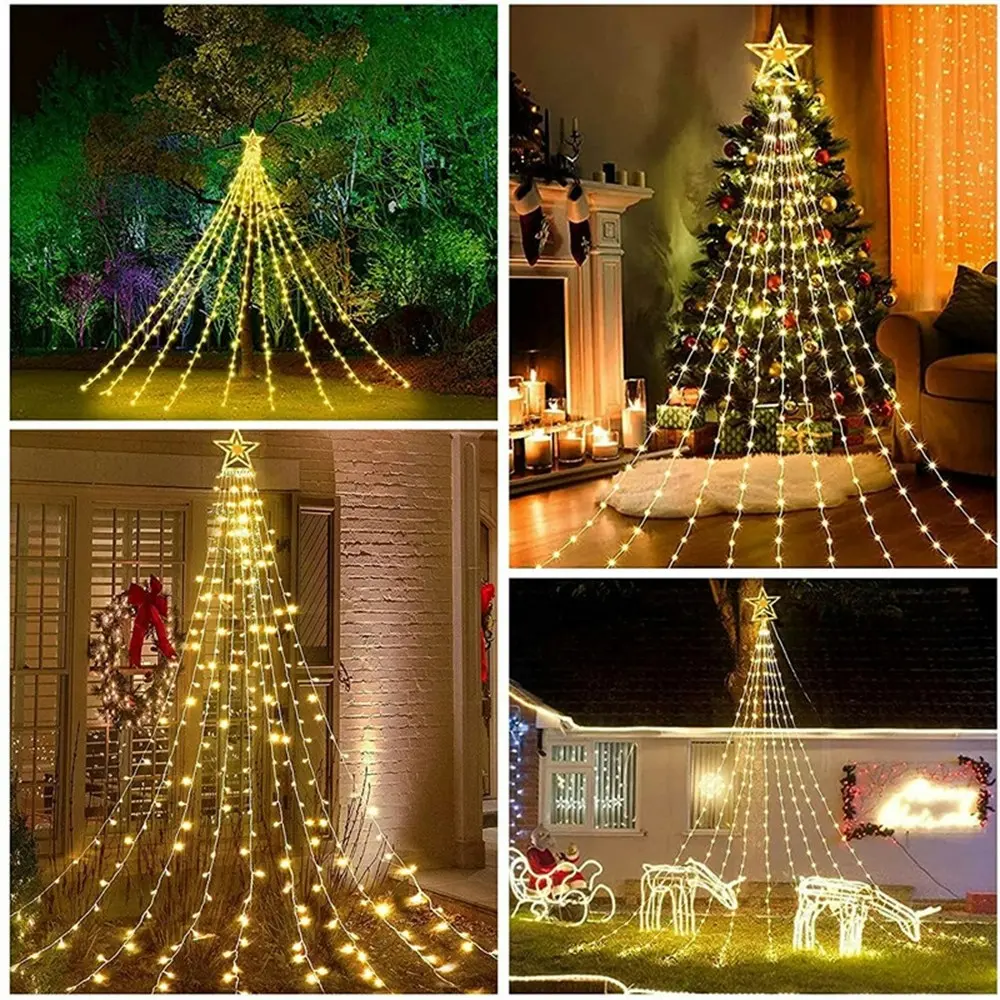 Solar LED Star Waterfall Lights Christmas Tree Decor String Lights