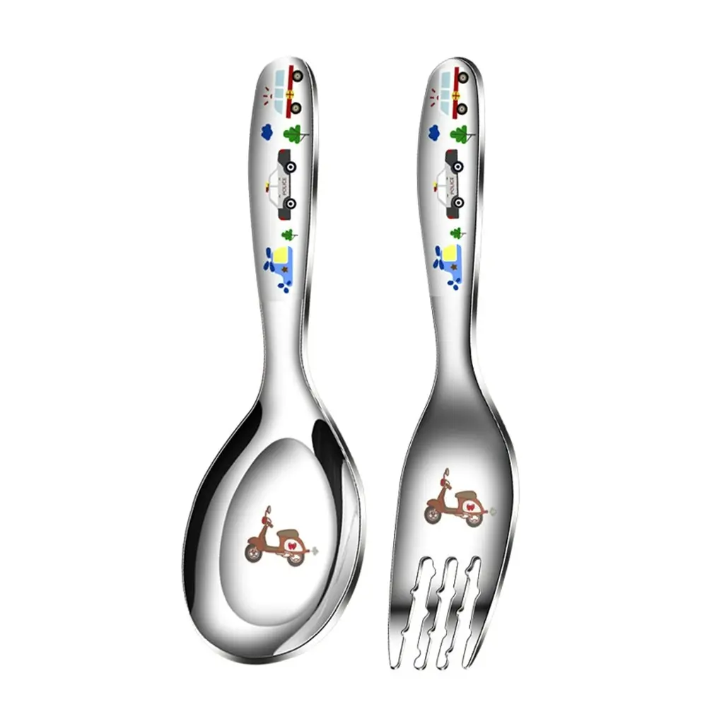 2Pcs Stainless Steel Kids Cartoon Carving Child Tableware Cute Spoon Fork Set