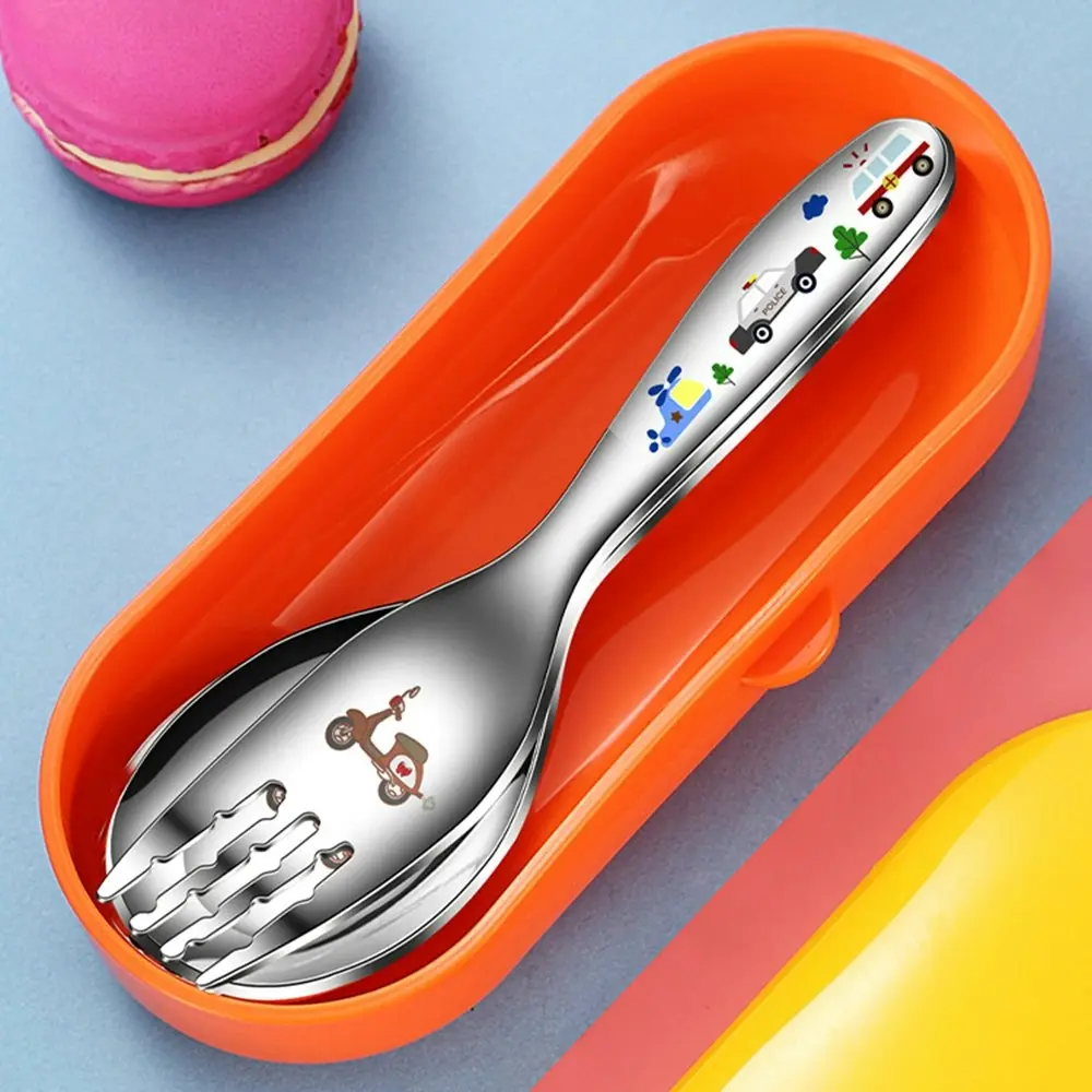 2Pcs Stainless Steel Kids Cartoon Carving Child Tableware Cute Spoon Fork Set