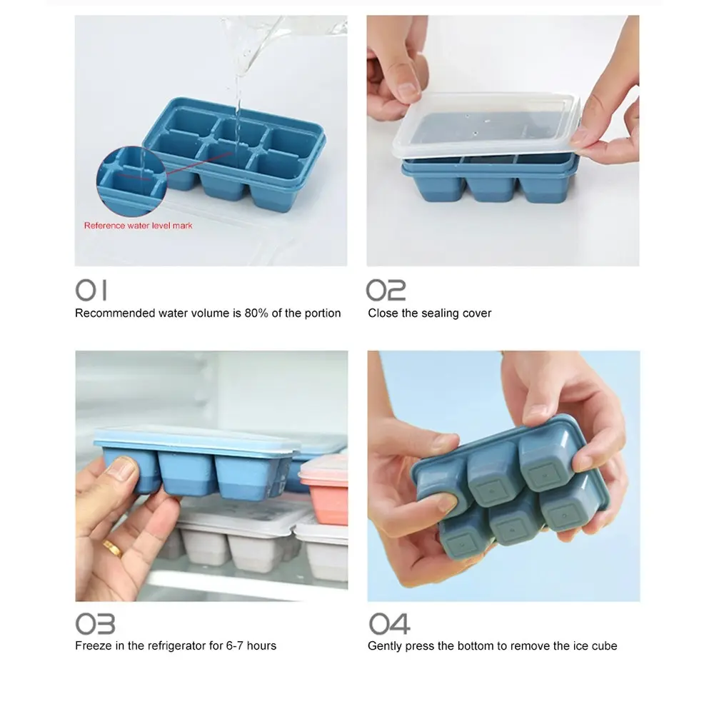 3pcs DIY square ice cube mold with lid for household use 6 bottom ice tray