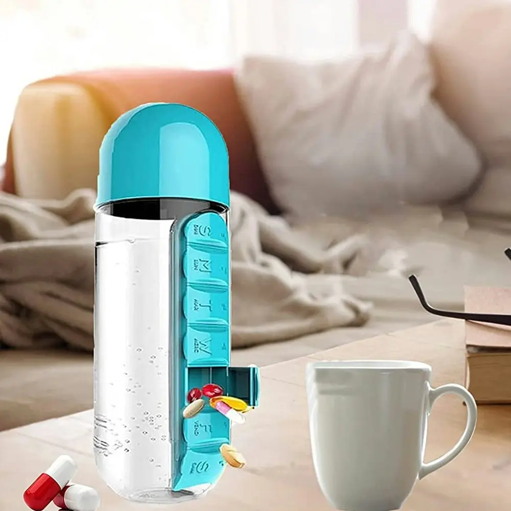 600ml Portable 7Day Water Bottle Pill Box For Office Outdoor Travel