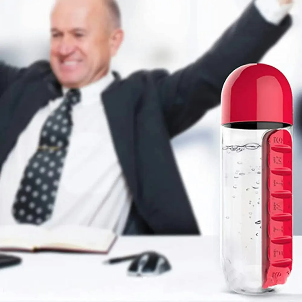 600ml Portable 7Day Water Bottle Pill Box For Office Outdoor Travel