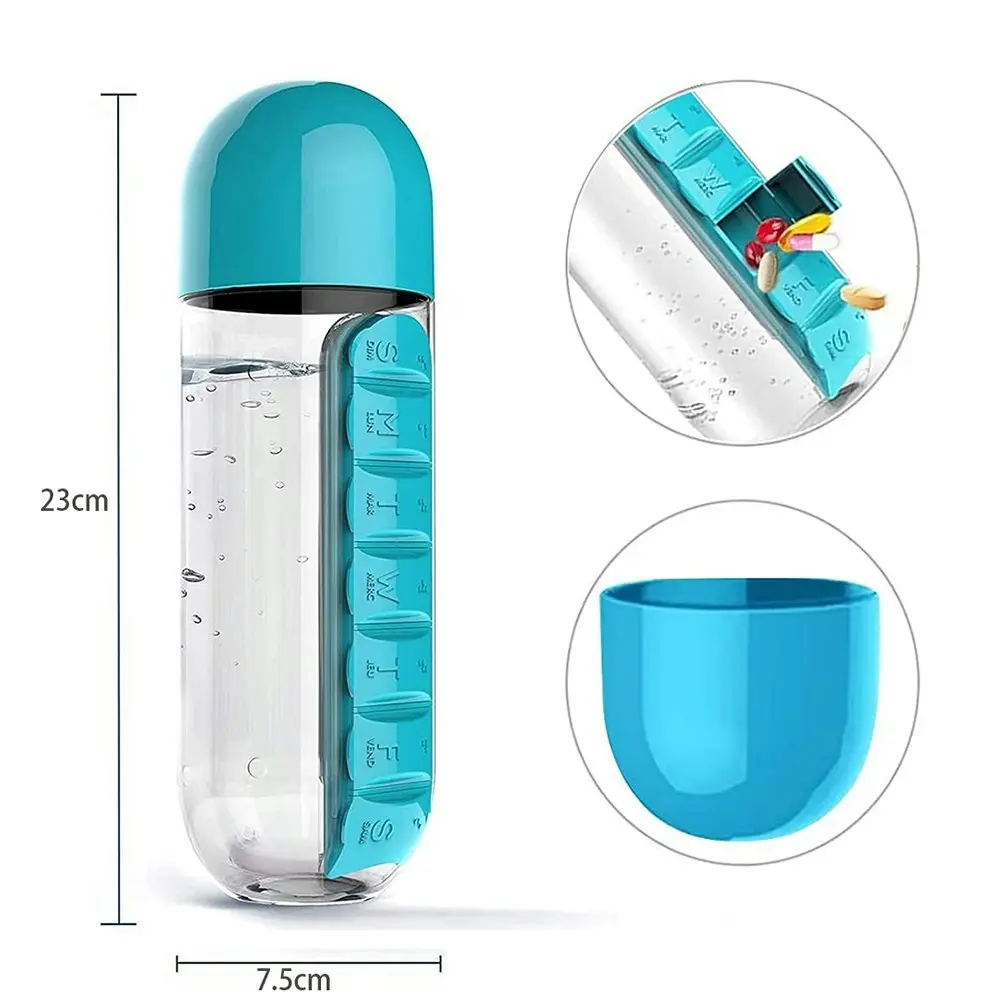 600ml Portable 7Day Water Bottle Pill Box For Office Outdoor Travel