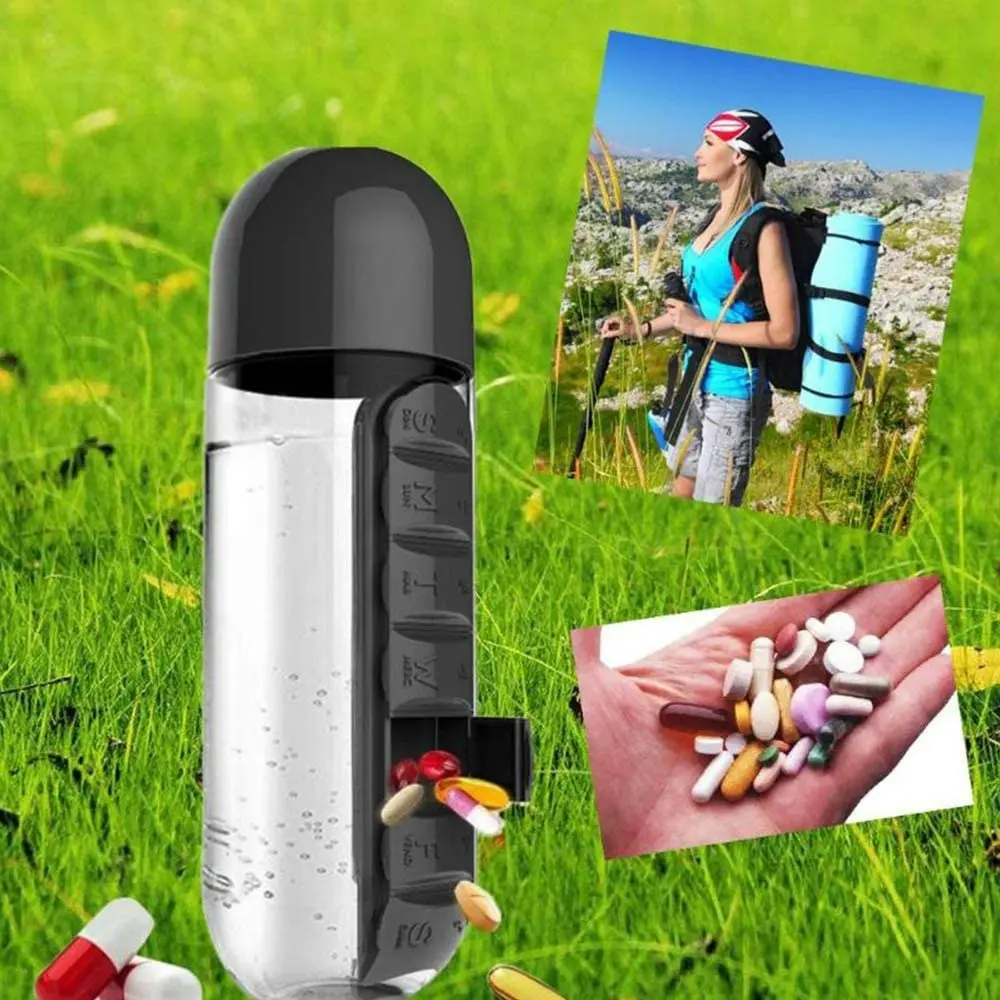 600ml Portable 7Day Water Bottle Pill Box For Office Outdoor Travel