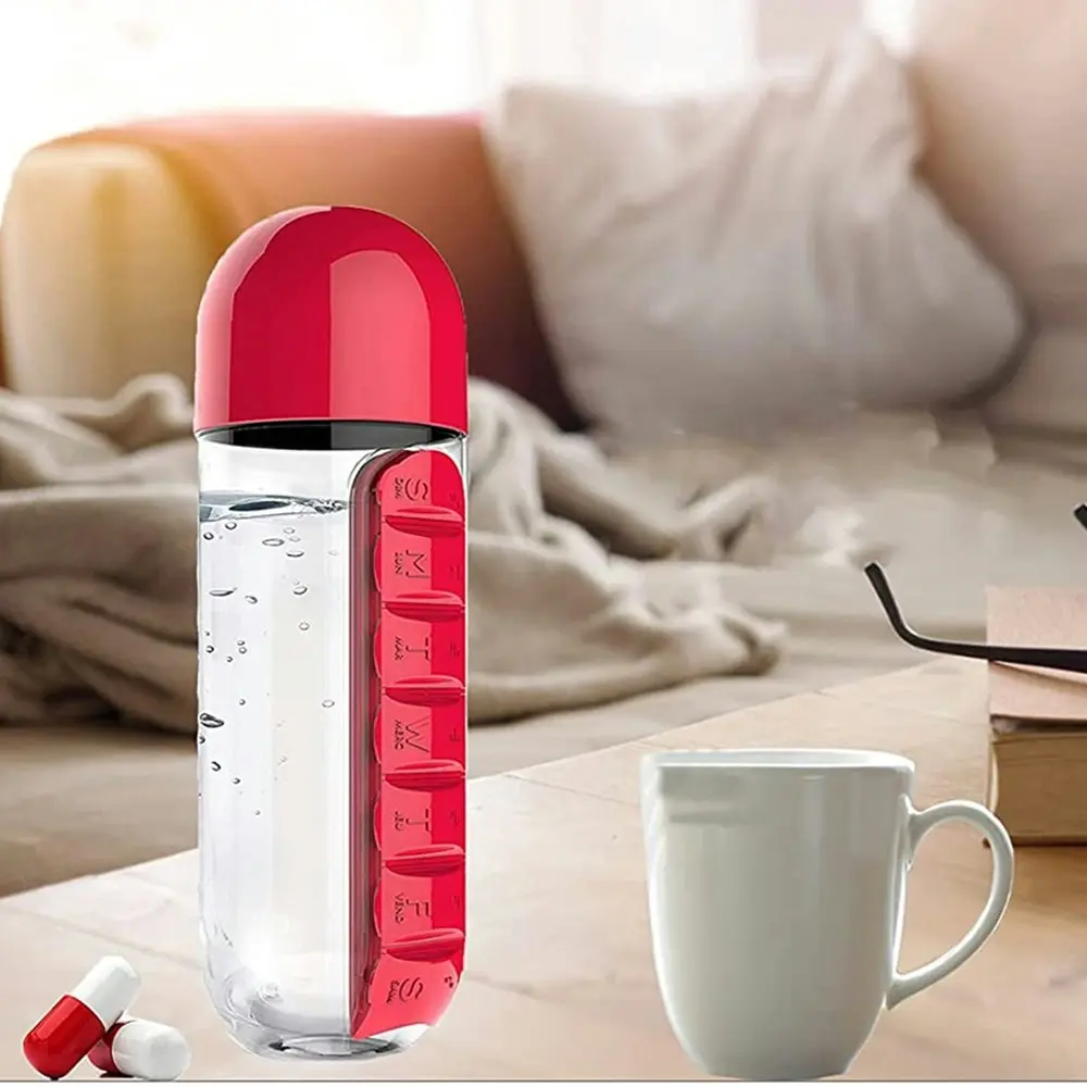 600ml Portable 7Day Water Bottle Pill Box For Office Outdoor Travel