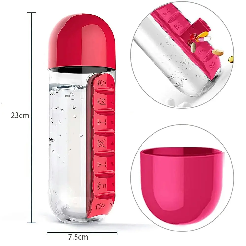 600ml Portable 7Day Water Bottle Pill Box For Office Outdoor Travel