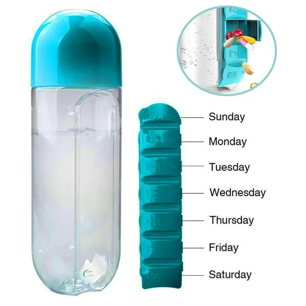 600ml Portable 7Day Water Bottle Pill Box For Office Outdoor Travel